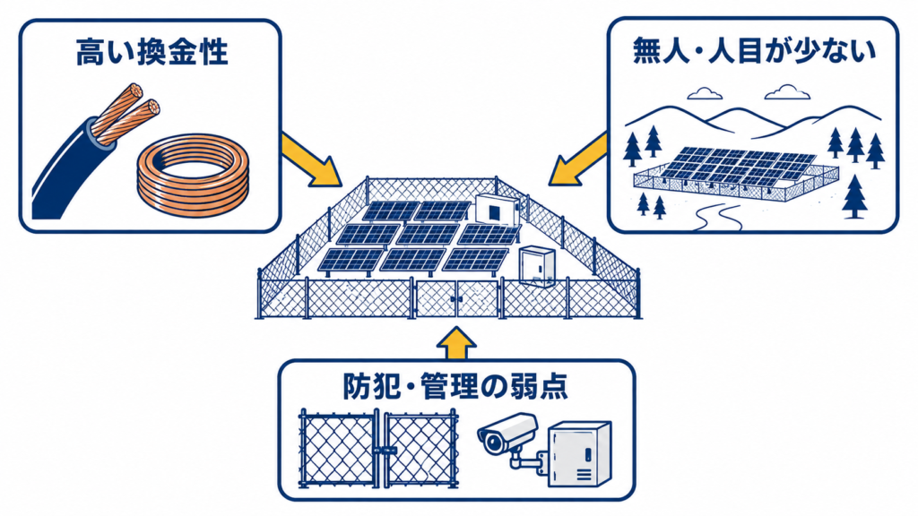 銅の換金性、人目の少ない立地、防犯や管理の弱点が重なると狙われやすくなることを示す図