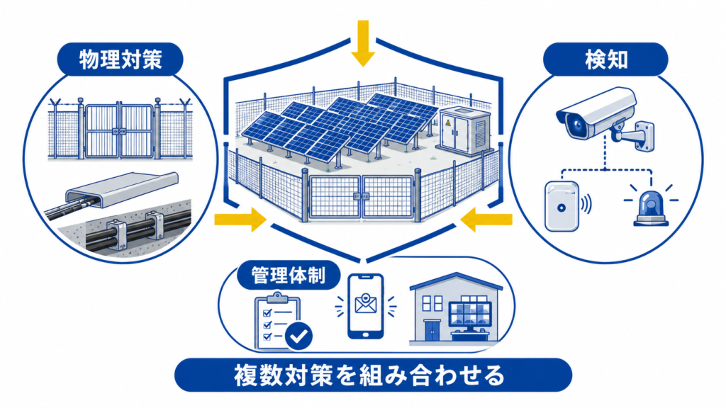物理対策、侵入検知、管理体制を組み合わせて発電所を守る図