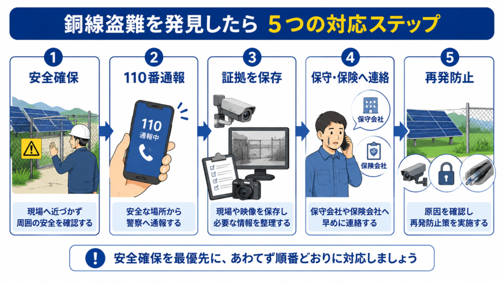 被害発見後は安全確保、警察への通報、証拠保存、保守・保険会社への連絡、再発防止の順に対応する図